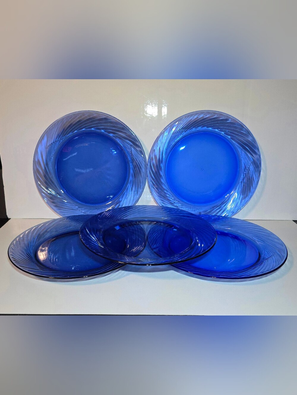 Pyrex Festiva Cobalt Blue Swirl Glass Plates Set of 5 Vintage 10.75" Serveware